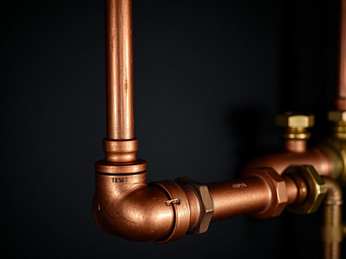 Freshly soldered copper pipe and brass fittings