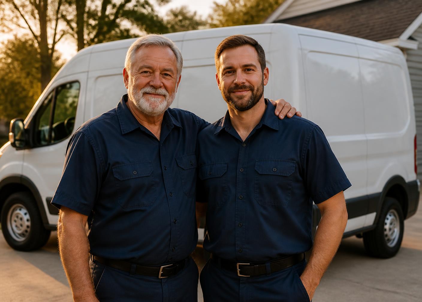 Stone & Sons plumbers standing beside their service van in Riverdale, Georgia